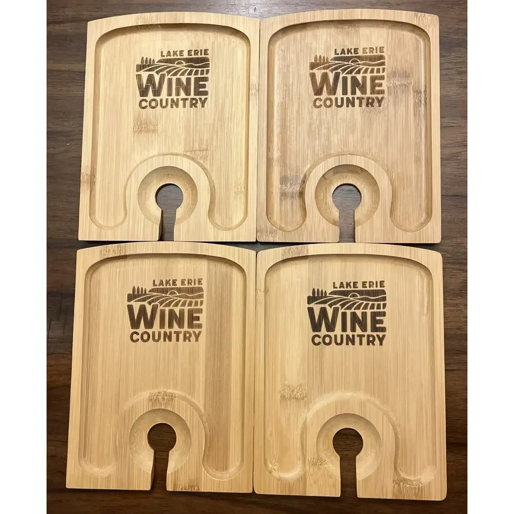 NEW Greenophile Set Of 4 Wine Bamboo APPETIZER Plate Wine Glass Holder Lake Erie